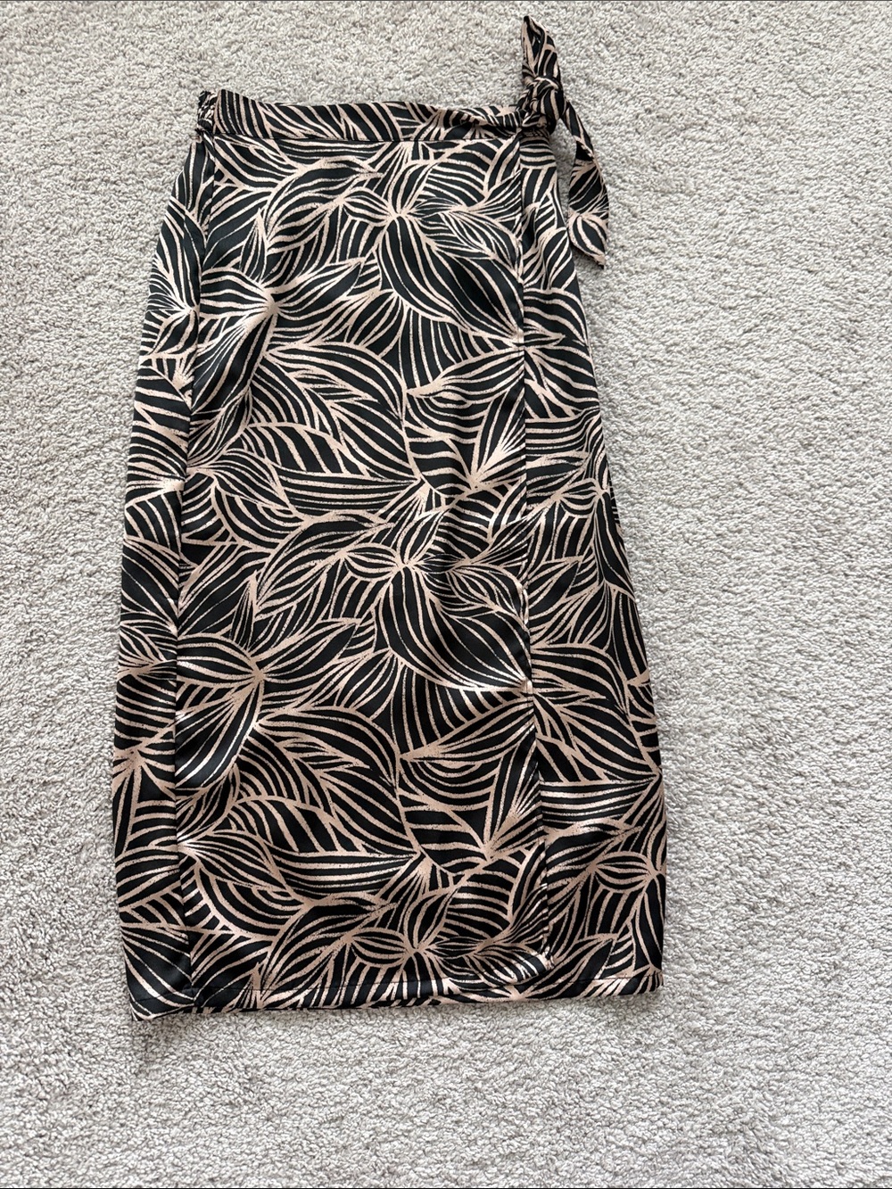 Tropical Palm Leaf Satin Wrap Midi Skirt - Black & Champagne Gold